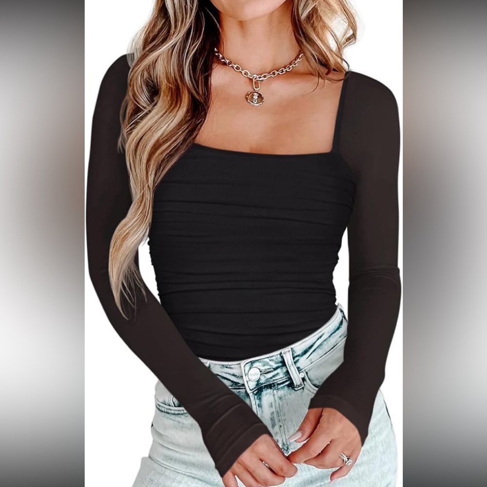 PINKMSTYLE Square Neck Mesh Long Sleeve Bodysuit Shapewear Corset Thong NWT S